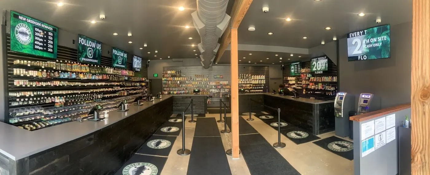 Interior of Greenside Queen Anne dispensary with product shelves and counter