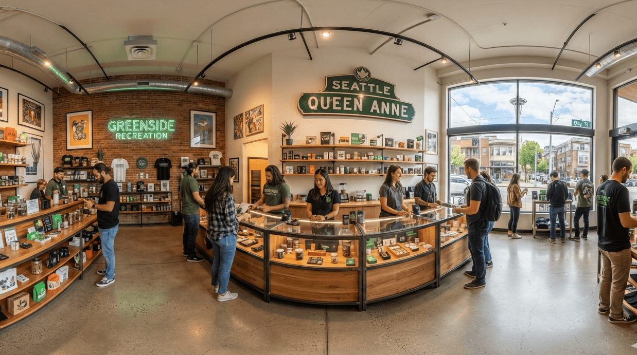 Wide interior view of Greenside Queen Anne with customers and staff